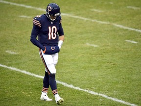 Chicago Bears quarterback Mitchell Trubisky walks off the field after his team's loss to the Detroit Lions at Soldier Field on Dec. 6, 2020.