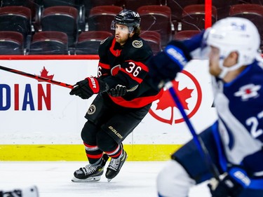 Senators centre Colin White in action against the Jets during the second period.