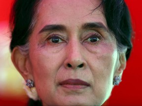 Myanmar's National League for Democracy Party leader Aung San Suu Kyi speaks to media about the upcoming general elections, during a news conference at her home in Yangon Nov. 5, 2015.