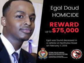 Ottawa police have offered a reward of up to $75,000 information leading to an arrest in the investigation of the 2018 homicide of Egal Daud.
