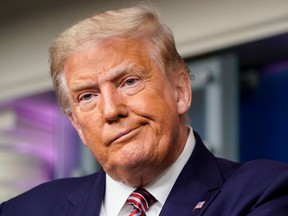 U.S. President Donald Trump reacts to a question during a news conference in the Briefing Room of the White House, in Washington, D.C., Sept. 27, 2020.