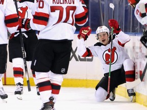 New Jersey Devils centre Jack Hughes celebrates his second goal of the game against New York Rangers goalie Alexandar Georgiev at Madison Square Garden on Tuesday.