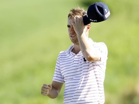 Justin Thomas reacts after finishing on the 18th green during the final round of the Sentry Tournament Of Champions at the Kapalua Plantation Course on January 10, 2021 in Kapalua, Hawaii.