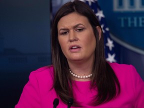 In this file photo former White House spokesperson Sarah Huckabee Sanders speaks during a briefing at the White House in Washington, D.C., on Sept. 10, 2018.