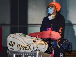 Japanese tennis player Naomi Osaka arrives before heading straight to quarantine for two weeks isolation ahead of her Australian Open warm up matches in Adelaide on January 14, 2021.