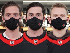 From left: defencemen Thomas Chabot, Erik Gudbranson and winger Brady Tkachuk of the Ottawa Senators.