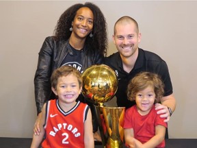 The Ottawa BlackJacks announced Charles Dubé-Brais as their new head coach on Tuesday. This photo shows him with wife, Cyrielle, sons Julius, left, and Jonah, and the NBA championship trophy, a nod to his time with Raptors 905.