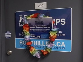 The constituency office door of MPP Rod Phillips on Thursday, Dec. 31, 2020.