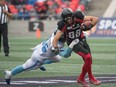 Slotback Brad Sinopoli, seen here in a 2019 game against the Argonauts, is among the Redblacks veteran players being asked to restructure signed contracts, in effect accepting lesser salary for the 2021 season.