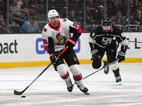 Senators centre Colin White (36) handles the puck during a March 11 game against the Kings in Los Angeles. It was the last game the Senators played before the NHL halted play because of the COVID-19 pandemic.