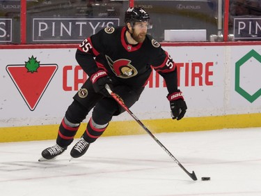 Senators defenceman Braydon Coburn (55) skates with the puck in the first period of Saturday's game against the Maple Leafs.