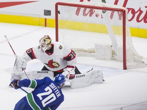 Vancouver Canucks forward Brandon Sutter (20) scores on Ottawa Senators goalie Matt Murray (30) in the second period at Rogers Arena. Vancouver won 7-1.