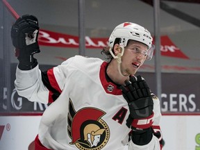 Jan 28, 2021; Vancouver, British Columbia, CAN; 

Ottawa Senators defenceman Thomas Chabot celebrates his goal against the Vancouver Canucks  in the second period at Rogers Arena on Thursday.