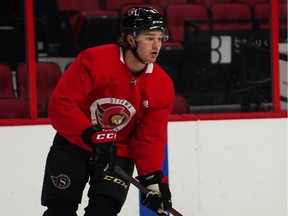 Josh Norris skates with the Senators at practice on Tuesday. his father, Dwayne, played pro hockey in Germany, which is where Josh picked up some of the language he has been practising with rookie Tim Stuetzle this week.