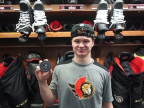 Tim Stuetzle of the Ottawa Senators scored his first career goal  against the Toronto Maple Leafs at the Canadian Tire Centre on Saturday, January 16, 2021.