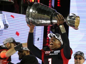 Henry Burris of the Ottawa Redblacks with the 104th Grey Cup at BMO Field in Toronto, Ont. on Sunday November 27, 2016.