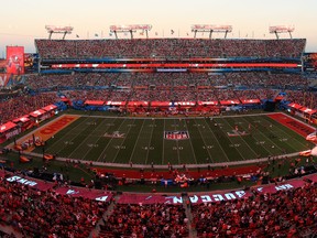 A general view as the Tampa Bay Buccaneers are introduced before Super Bowl LV at Raymond James Stadium.