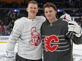 Brady Tkachuk #7 of the Ottawa Senators and Matthew Tkachuk #19 of the Calgary Flames pose for a photo prior to the 2020 Honda NHL All-Star Game at Enterprise Center on January 25, 2020 in St Louis, Missouri.