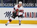 Evgenii Dadonov of the Senators celebrates his winning goal in overtime against the Maple Leafs on February 15, 2021.