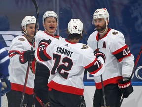 FILE: Brady Tkachuk #7 of the Ottawa Senators celebrates a goal against the Toronto Maple Leafs during an NHL game at Scotiabank Arena on February 17, 2021 in Toronto, Ontario, Canada.