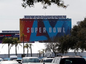 A general view of signage for Super Bowl LV at Raymond James Stadium in Tampa, Fla., Jan. 31, 2021.