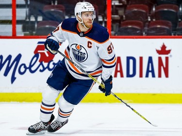 Oilers centre Connor McDavid turns up the ice during the first period of Tuesday's game.