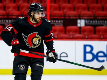 Senators defenceman Christian Wolanin, making his return to action after an absence for an unspecified injury, skates during second-period action on Tuesday.