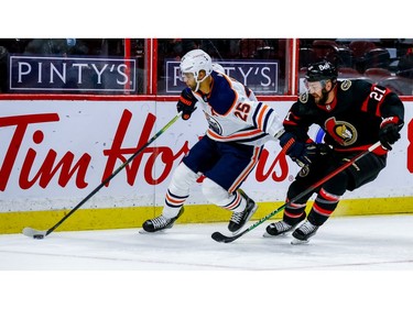 Senators centre Derek Stepan tries to track down Oilers defenceman Darnell Nurse during third-period action.