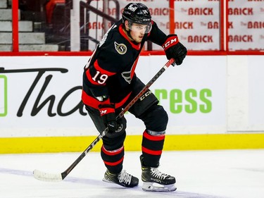 Ottawa Senators right wing Drake Batherson  skating against the Calgary Flames on Thursday at the Canadian Tire Centre.