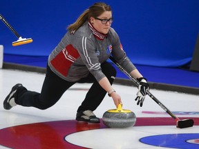 Team Northwest Territories skip Kerry Galusha makes a shot at the Scotties Tournament of Hearts in Calgary, Alta., Friday, Feb. 19, 2021.