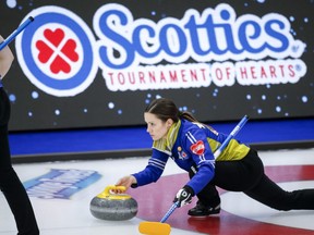 Team Alberta skip Laura Walker warms-up at the Scotties Tournament of Hearts in Calgary, Alta., Saturday, Feb. 27, 2021.