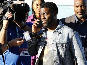 Comedian Kevin Hart talks to press before Super Bowl LIV at Hard Rock Stadium on Feb. 2, 2020 in Miami, Fla.