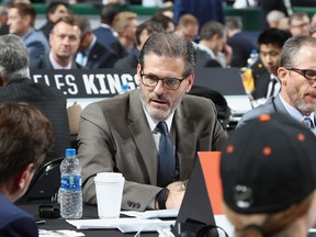 Ron Hextall, seen here working the NHL draft in 2018 for the Philadelphia Flyers, was hired as GM of the Pittsburgh Penguins on Tuesday.  Bruce Bennett/Getty Images