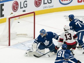 Senators winger Nick Paul (13) scores on Toronto Maple Leafs goaltender Frederik Andersen during the second period at Scotiabank Arena on Monday night. Paul started the Senators rally by scoring shorthanded with nine seconds left in the period.