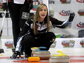 Skip Rachel Homan of the Ottawa Curling Club yells instructions to her team during the Scotties Tournament of Hearts Provincial Championship in Cornwall, Jan. 28, 2020.