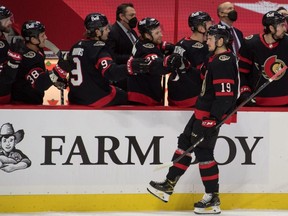Senators right wing Drake Batherson (19) celebrates his goal with his team in the first period against the Canadiens at the Canadian Tire Centre in Ottawa, Tuesday, Feb. 23, 2021.