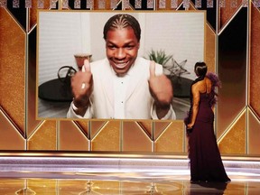 John Boyega accepts the Best Supporting Actor - Television award for "Small Ax" via video from Angela Bassett at the 78th Annual Golden Globe Awards held at the Beverly Hilton Hotel on February 28, 2021.