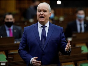 Conservative party Leader Erin O'Toole speaks during question period in the House of Commons on Feb. 3, 2021.