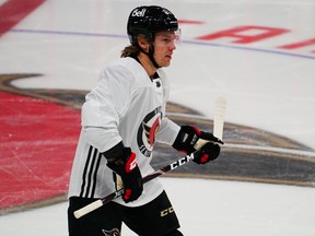 Ryan Dzingel at Senators practice on Sunday, February 28, 2021. Phot by Matthew Tidcombe, Ottawa Senators Hockey Club