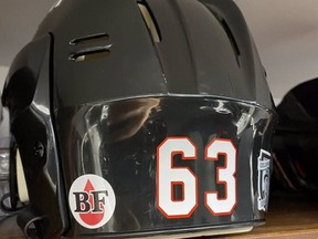 In memory of Brian Fraser, the Sens wore a BF decal on their helmets when the hit the ice against the Flames on Feb. 27, 2021.