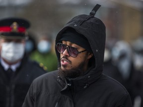 A week after Hashim Omar Hashi, 20, was gunned down in North York, Ahmed Urur remembers his friend as he is joined community members and Toronto Police to addresses the media at 40 Falstaff Ave. on Saturday, Feb. 6, 2021.