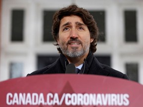 FILE PHOTO: Prime Minister Justin Trudeau speaks during a news conference at Rideau Cottage on Jan. 5, 2021.