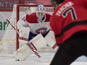 Senators left-winger Brady Tkatchuk shoots on Canadiens goalie Jake Allen in the second period.