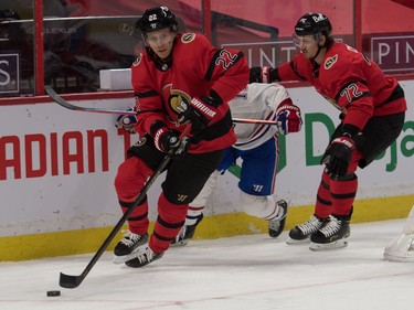 Senators defenceman Nikita Zaitsev skates with the puck in the first period against the Canadiens at the Canadian Tire Centre.