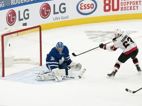 Senators right wing Evgenii Dadonov (63) scores a goal against the Toronto Maple Leafs during the overtime period at Scotiabank Arena.