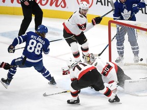 Toronto Maple Leafs forward William Nylander (88) scores past Ottawa Senators goalie Matt Murray (30) in the second period at Scotiabank Arena.