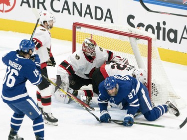 Toronto Maple Leafs center Joe Thornton (97) scores a goal against the Ottawa Senators during the second period at Scotiabank Arena in Tornto on Monday.