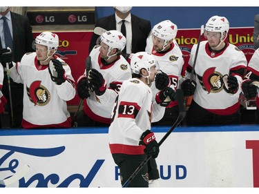 Ottawa Senators left wing Nick Paul (13) celebrates scoring against the Toronto Maple Leafs with the bench during the second period at Scotiabank Arena in Toronto on Monday.