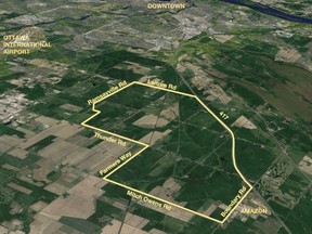 A map shows the land where the Algonquins of Ontario and Taggart Investments want to build Tewin, a new suburban community near the eastern edge of Ottawa.
