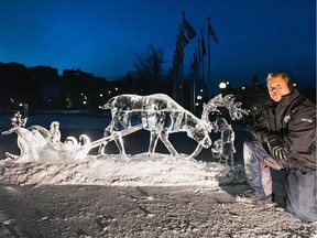 Sculptor Antonio Baisas with his sculpture Pit Stop won first prize at Winterlude.